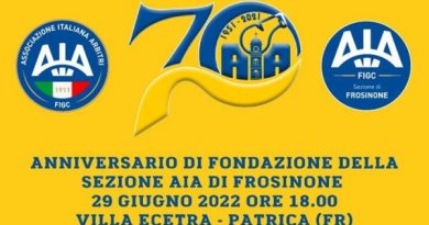 Domani i festeggiamenti per il 70° Anniversario della Fondazione Aia di Frosinone